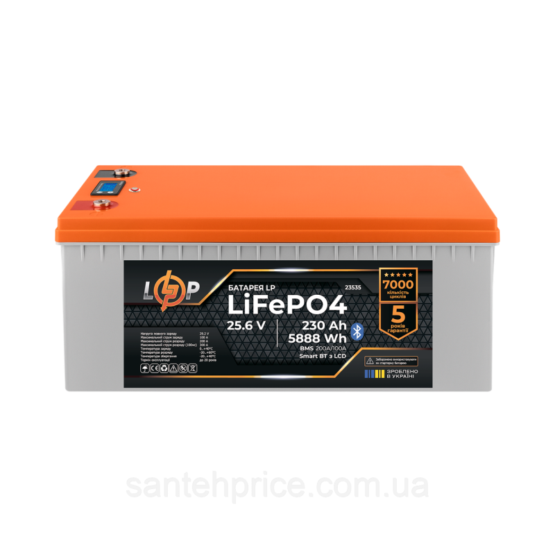 Акумулятор LP LiFePO4 25,6V - 230 Ah (5888Wh) (BMS 200A/100А) пластик LCD Smart BT