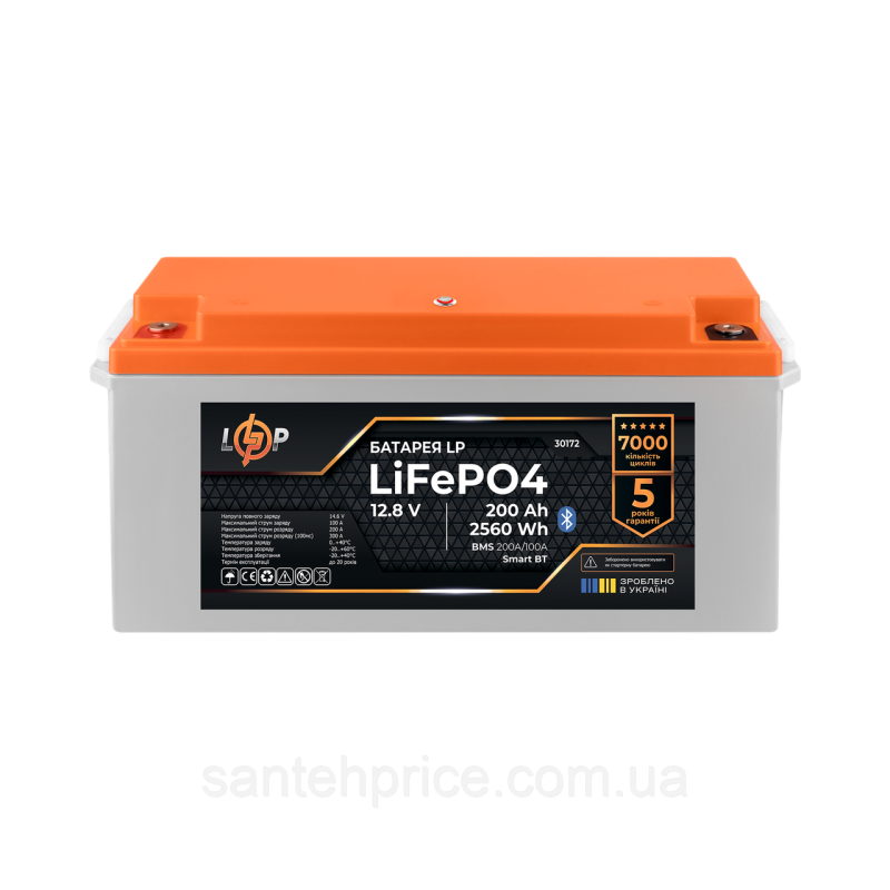 Акумулятор LP LiFePO4 12,8V - 200 Ah (2560Wh) (BMS 200A/100А) пластик Smart BT
